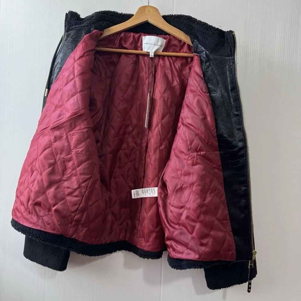 NEW Rebecca Minkoff Women’s Faux Shearling Zip Front Bomber Jacket Sz L Black - Picture 4 of 16